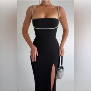 Showpo SHARLEY MIDI DRESS - DIAMANTE DETAIL PENCIL DRESS IN BLACK
